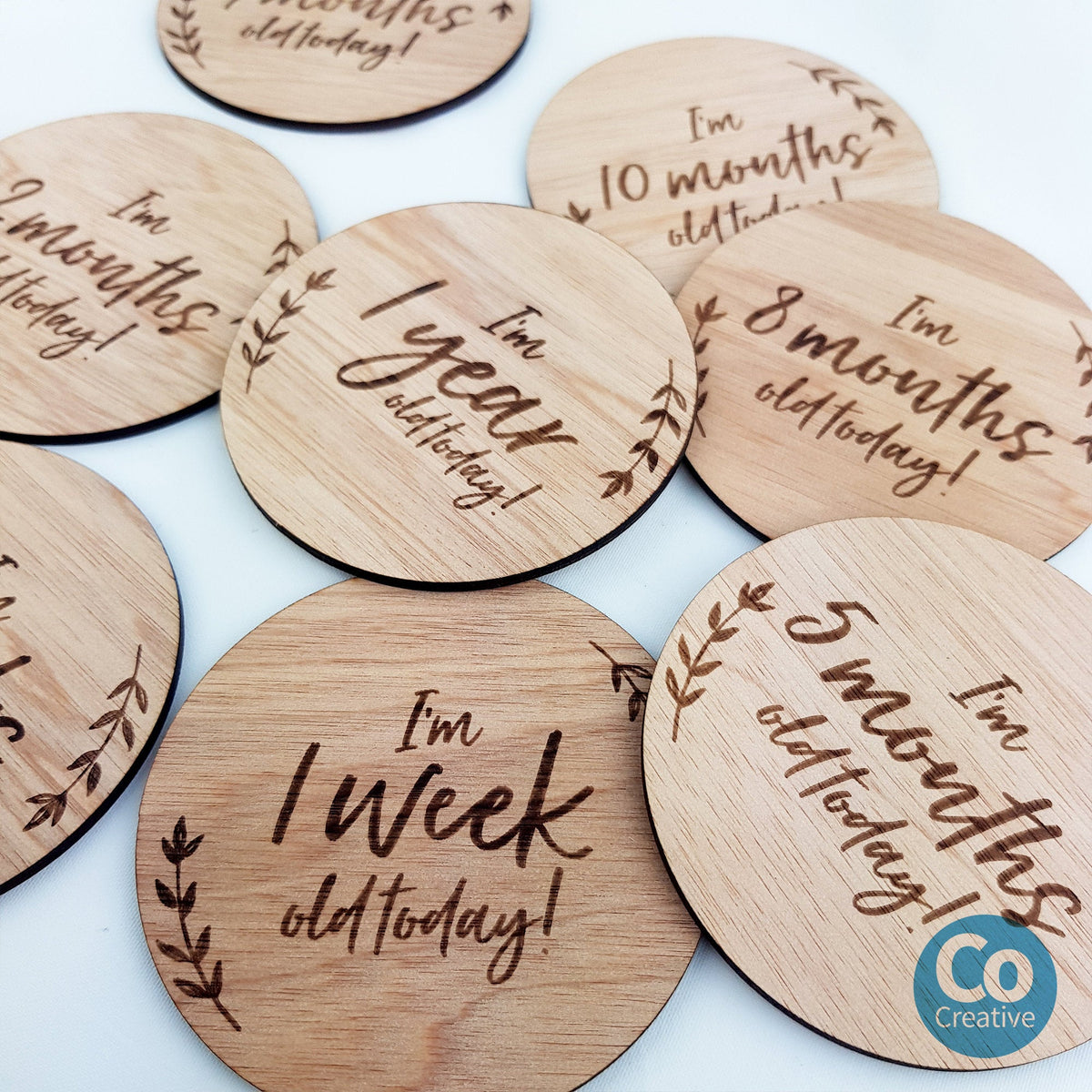 Wooden Baby Age Milestone Disc - Set of 16 cards - Etched Leaf Detail ...