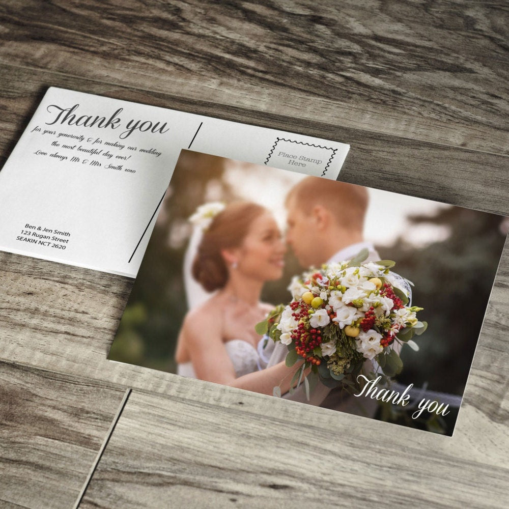 Printed Wedding Thank You postcard with your photo. Professionally printed thank you card with modern and classic fonts. Double sided card