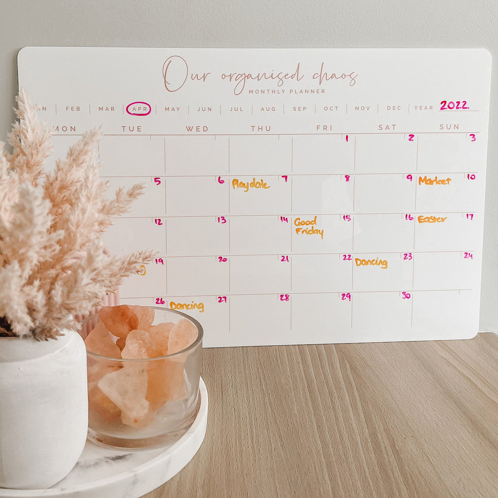 Custom monthly wall planner - acrylic whiteboard  calendar - family wall planner organiser - pink organiser