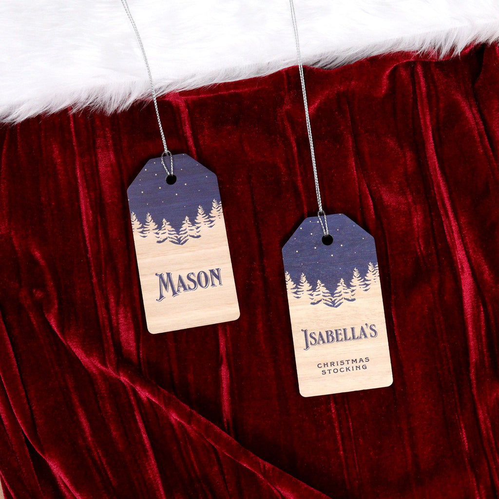Personalised Christmas Stocking Tags – Snowy Treeline Design - Printed Santa Sack Tag