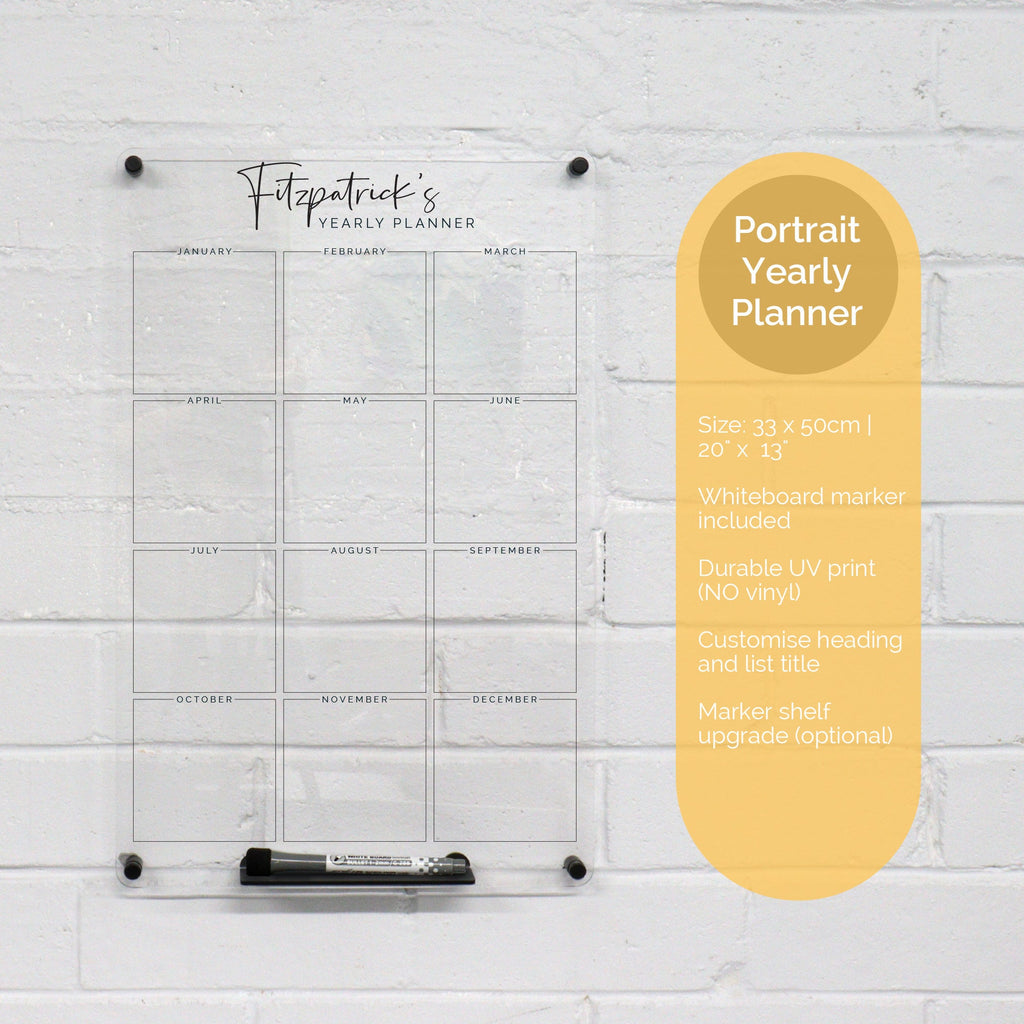 Custom wall planner - Portrait Yearly design - acrylic whiteboard calendar - family wall planner organiser