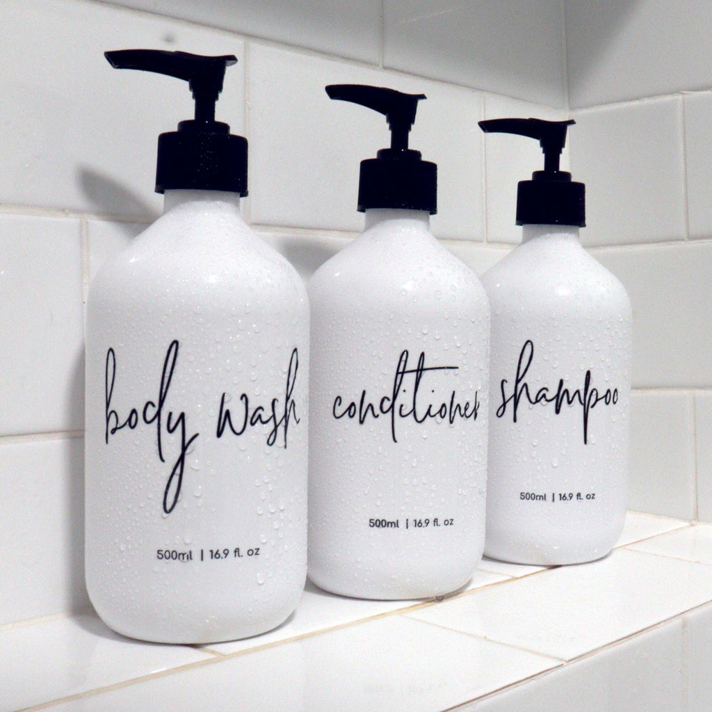 3 piece bathroom white and black bottle set  - Body wash, shampoo, conditioner - 500ml dispensers