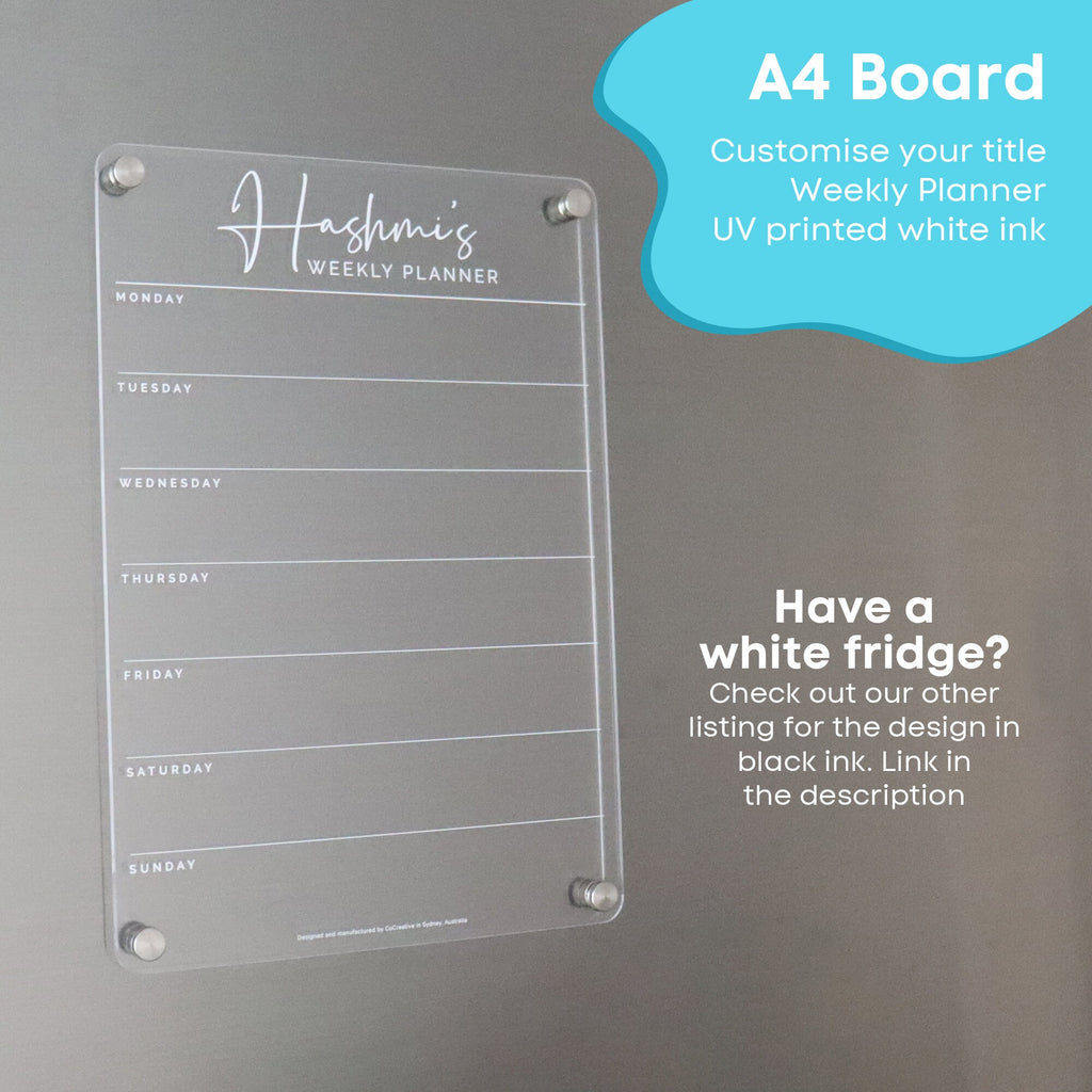 Fridge Acrylic Planner - WHITE UV print ORIGINAL design - acrylic whiteboard calendar - family organiser - combo