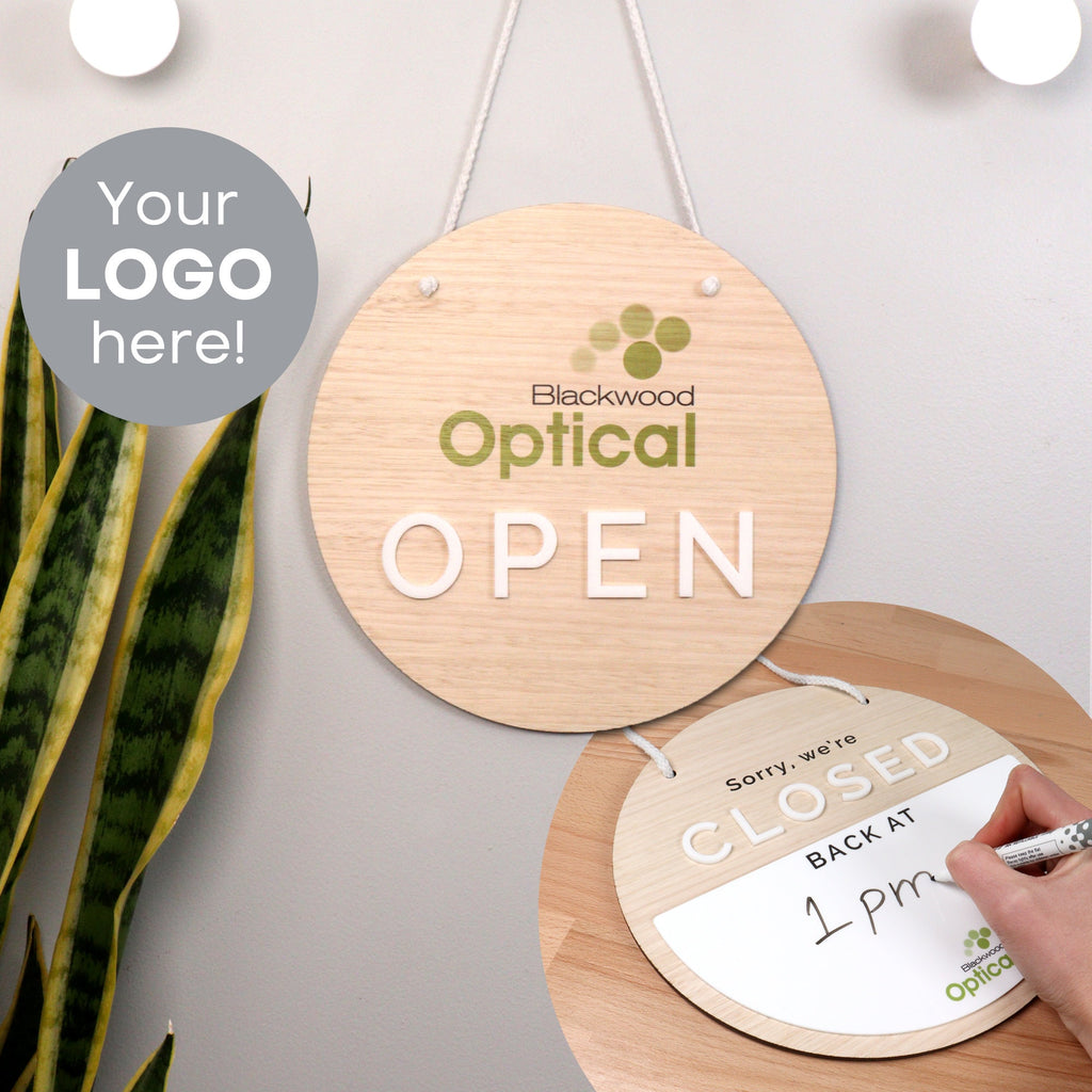Open Closed double sided Wooden Business Sign - reusable Whiteboard section - Personalised Logo Sign with 3D - 25cm | 9.84"