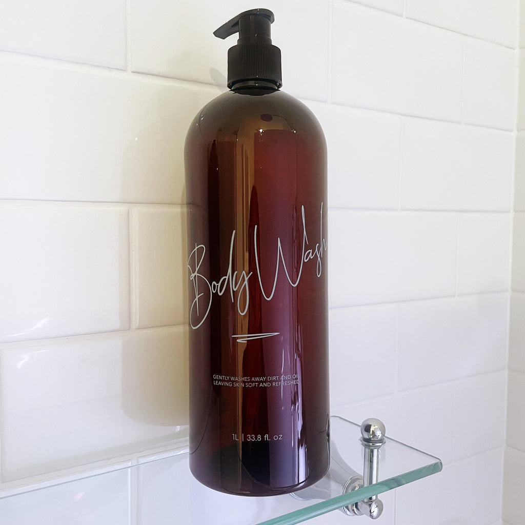 Brown Body Wash bottle with handwritten font and descriptive caption. Elegant, minimalist bathroom bottle.