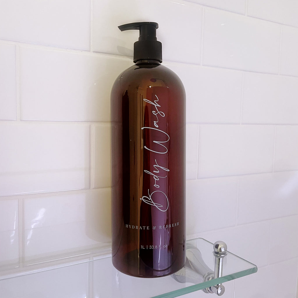 Brown Body Wash refillable pump bottle for your shower and bathroom. Labelled elegantly with "Hydrate & Refresh".
