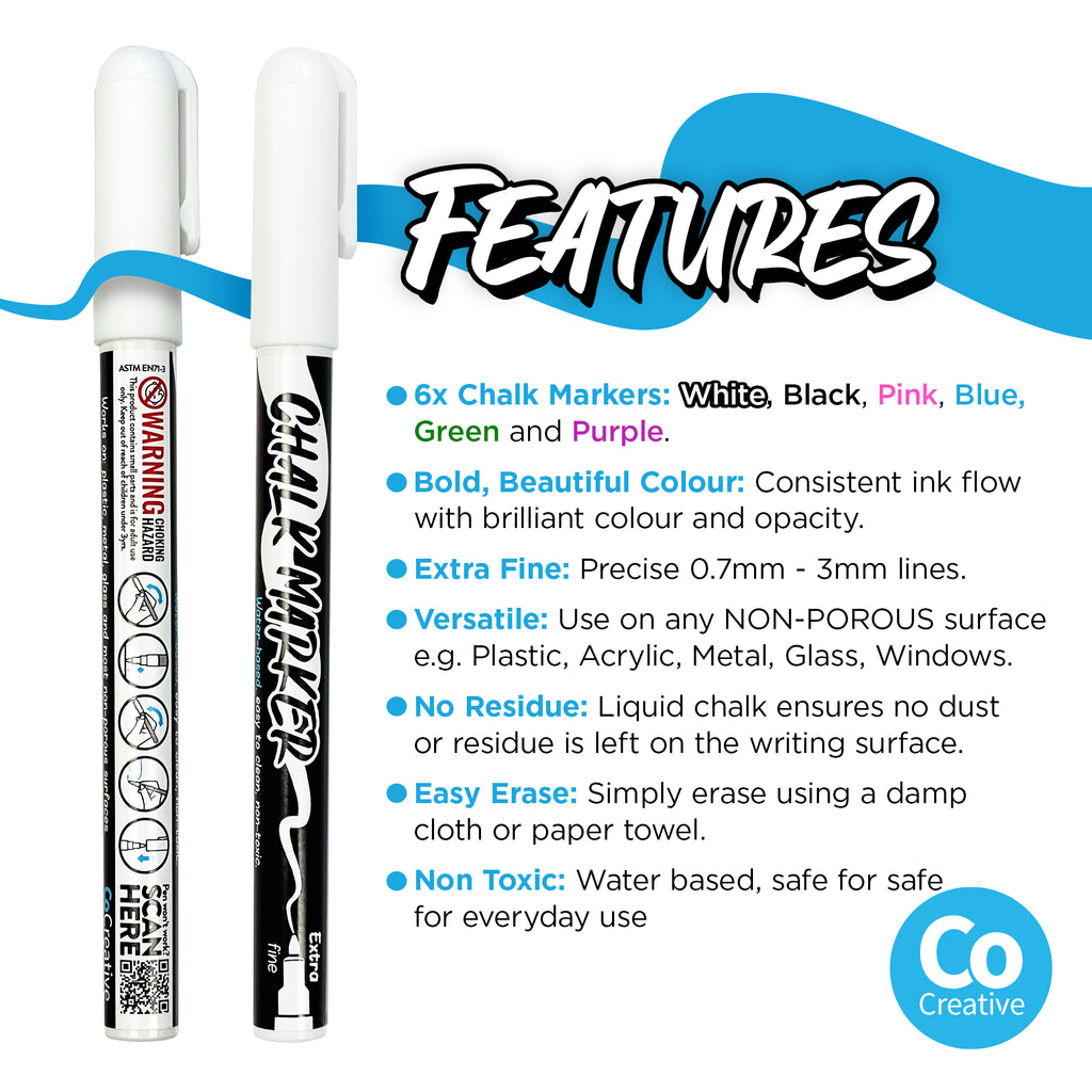coloured chalk pens in 6 colours. chalk markers in white, black, pink, blue, green and purple. extra-fine liquid chalk markers 0.7 - 3mm lines. non-toxic and water-based chalk markers perfect for little kids to use.