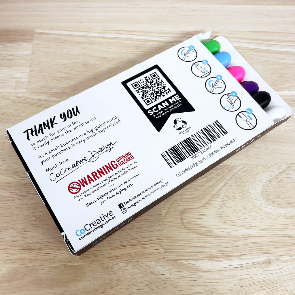 Box of 6 coloured chalk pens. Erasable multicolour chalk markers. Chalk pens made in Australia.