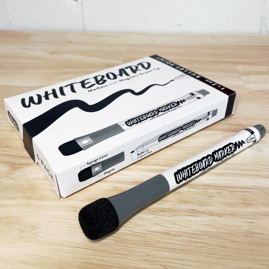 Box of 6 black whiteboard markers made in Australia. Whiteboard markers with magnetic pen cap.