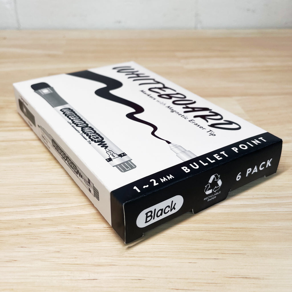 Box of 6 black whiteboard markers made in Australia. Whiteboard markers with magnetic pen cap.
