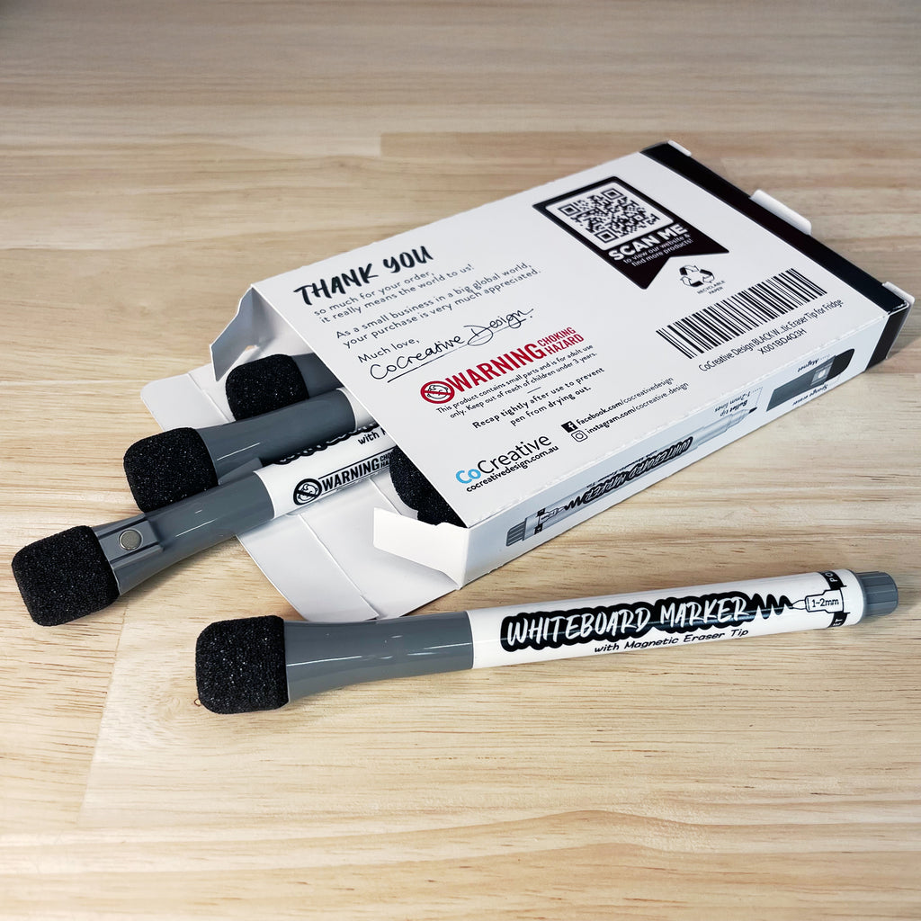 Open box of 6 black whiteboard markers made in Australia. Whiteboard markers with magnetic pen cap. 