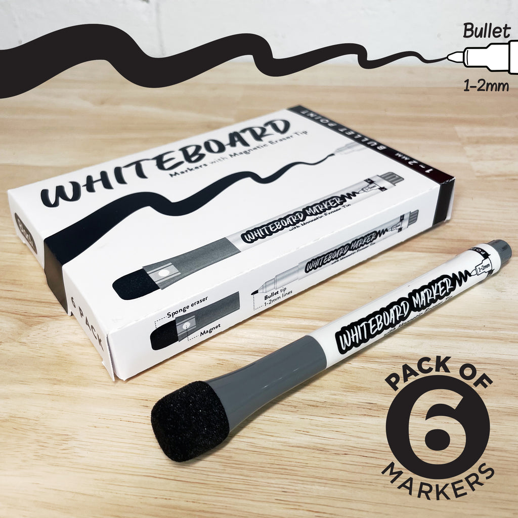 Box of 6 black whiteboard markers made in Australia. Whiteboard markers with magnetic pen cap.