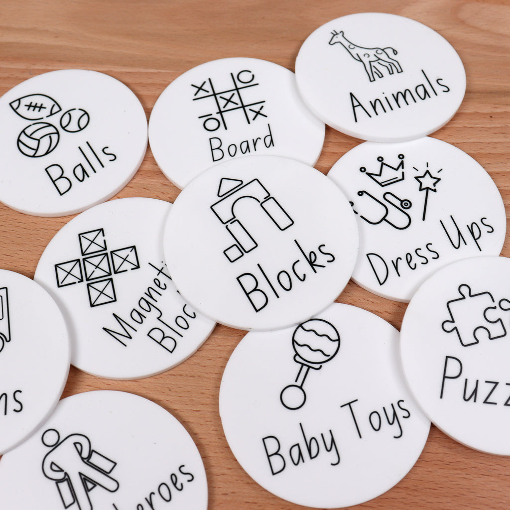 Assorted toy storage labels - Teaching Font - Animals, Blocks, Balls, Board Games, Dress Ups, Baby Toys, Puzzles, Storage