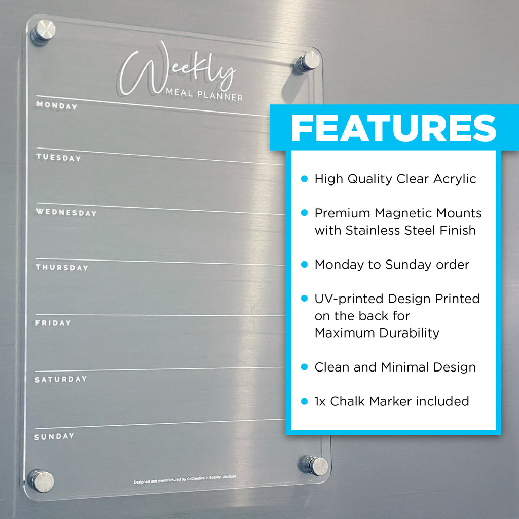 A4 weekly meal planner on a clear acrylic board. Magnetic weekly planner whiteboard for your fridge. UV printed design that's durable and long-lasting. Elegant and minimal design for all homes.