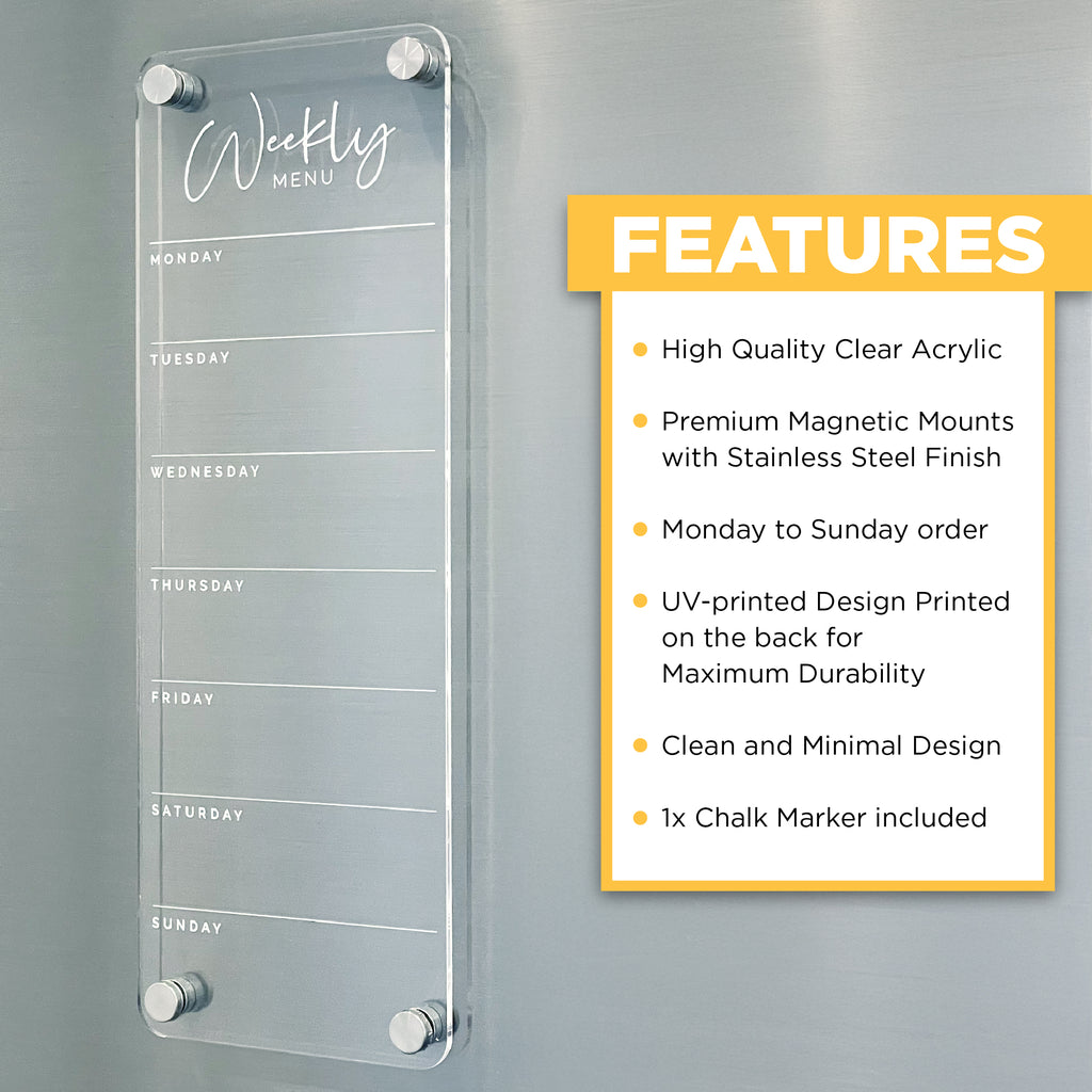 Weekly meal planner on a clear acrylic board. Magnetic weekly planner whiteboard for your fridge. UV printed design that's durable and long-lasting. Elegant and minimal design for all homes.