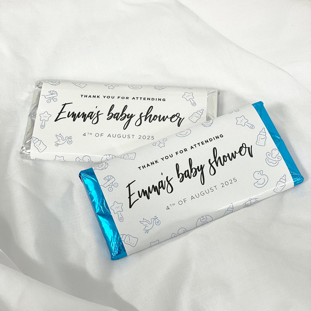 Baby shower blue boy chocolate bars. Custom wrapped chocolate bars with personalised name and date. Baby shower favours. Choice of foil wrapper.