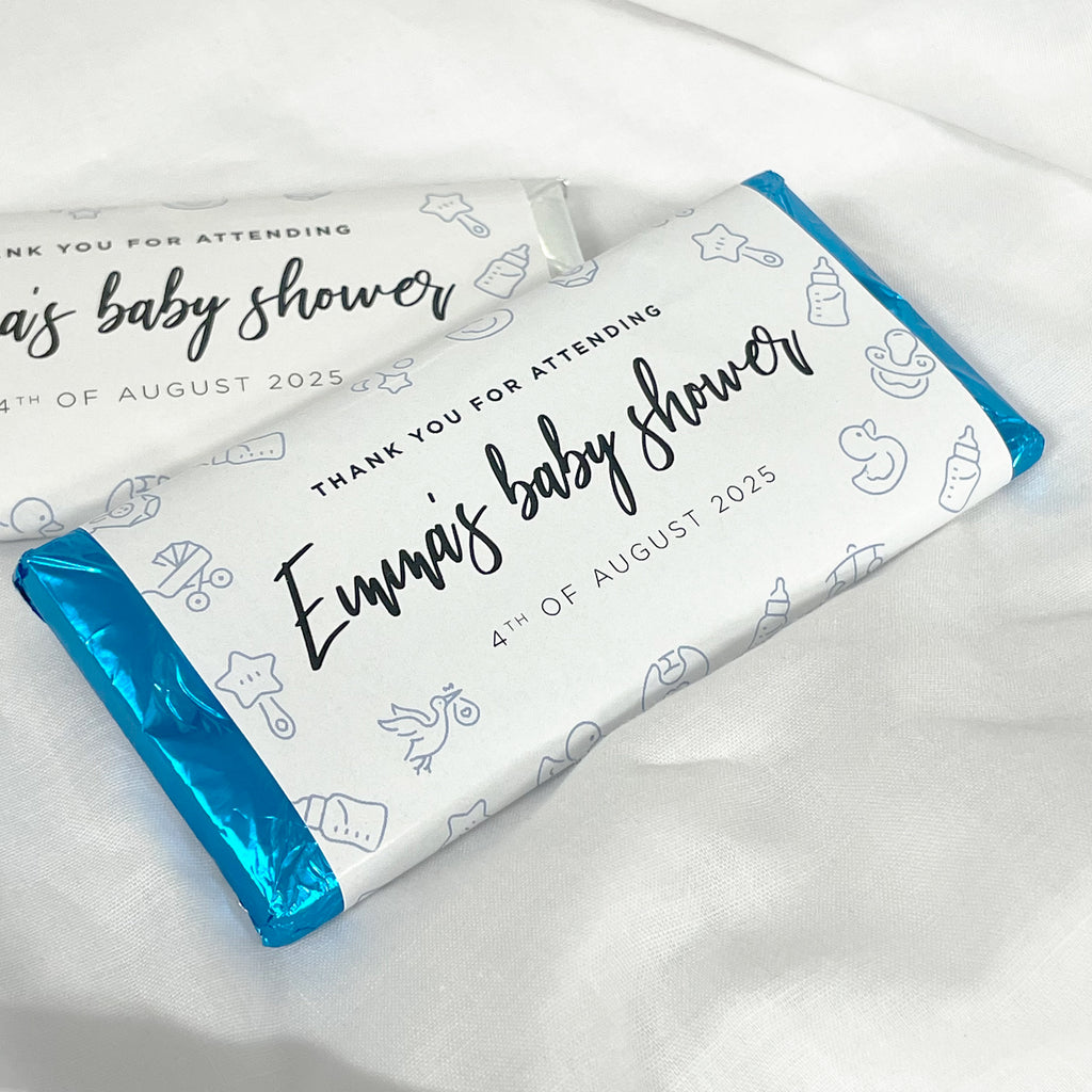 Baby shower blue boy chocolate bars. Custom wrapped chocolate bars with personalised name and date. Baby shower favours.