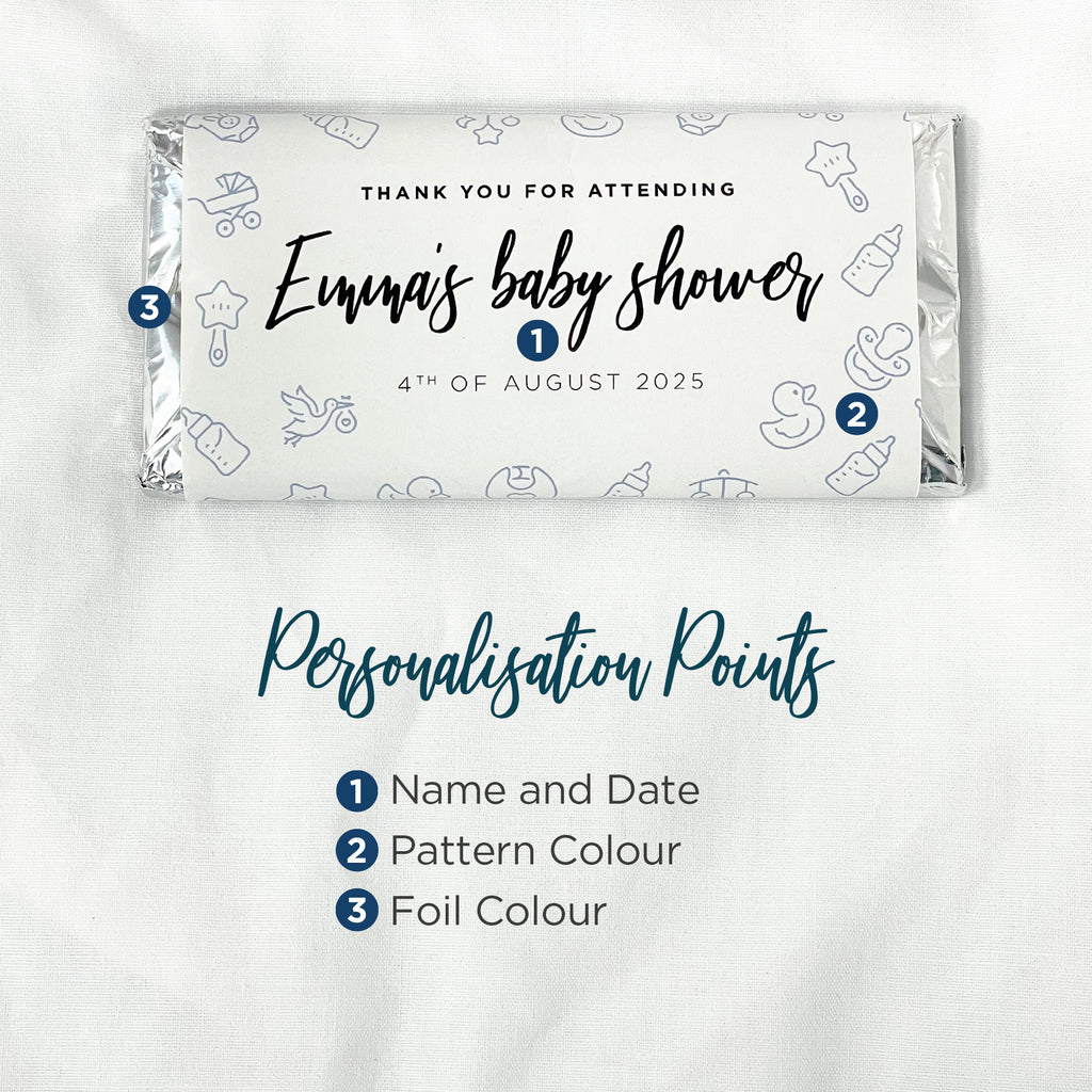 Custom baby shower chocolate bars with various personalisation points. Personalise with your name, date, pattern and foil colour.