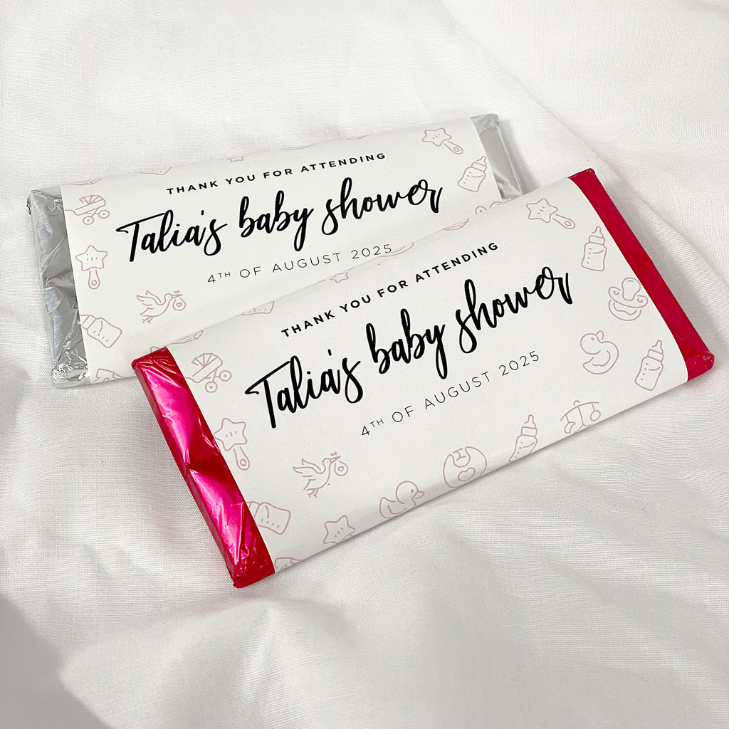 Baby shower pink girl chocolate bars. Custom wrapped chocolate bars with personalised name and date. Baby shower favours.