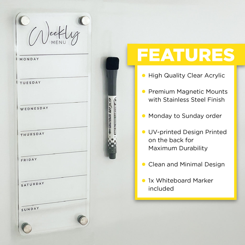 Weekly meal planner on a clear acrylic list board. Magnetic weekly planner whiteboard for your fridge. UV printed design that's durable and long-lasting. Elegant and minimal design for all homes.