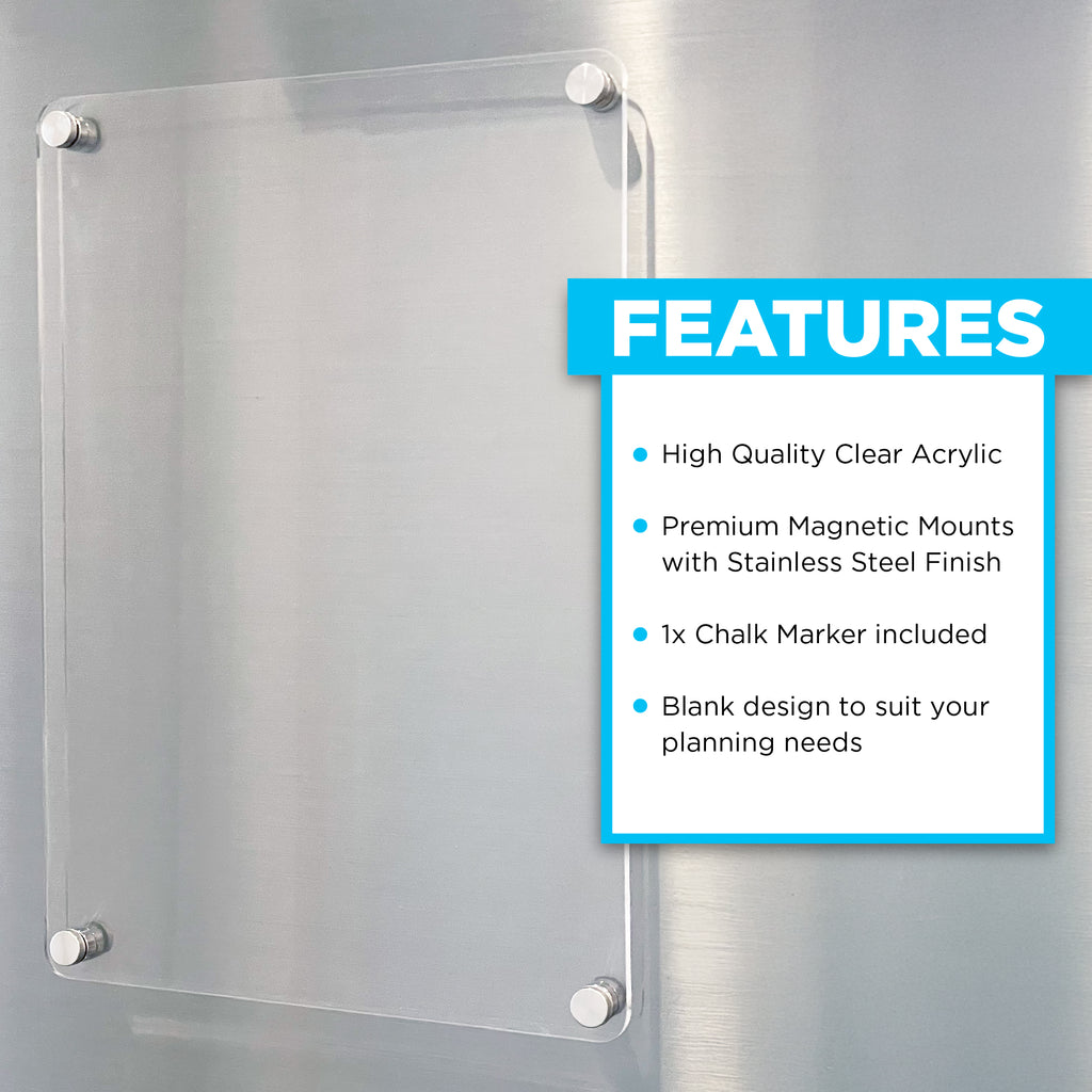 Blank a4 clear acrylic magnetic fridge planner features. High quality, premium magnetic mounts with stainless steel finish and blank design to suit any planning needs.