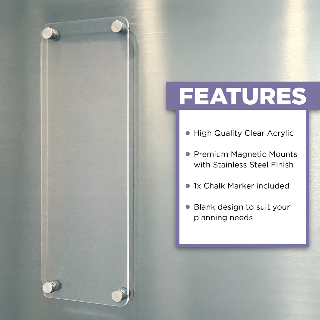 Blank half-A4 clear acrylic magnetic fridge planner features. High quality, premium magnetic mounts with stainless steel finish and blank design to suit any planning needs.