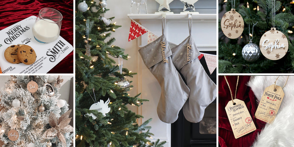 Collage of custom Christmas-themed items including stocking tags, baubles, ornaments, present tags and Santa plates. Proudly made in Australia and fully personalisable to suit your family and home. 