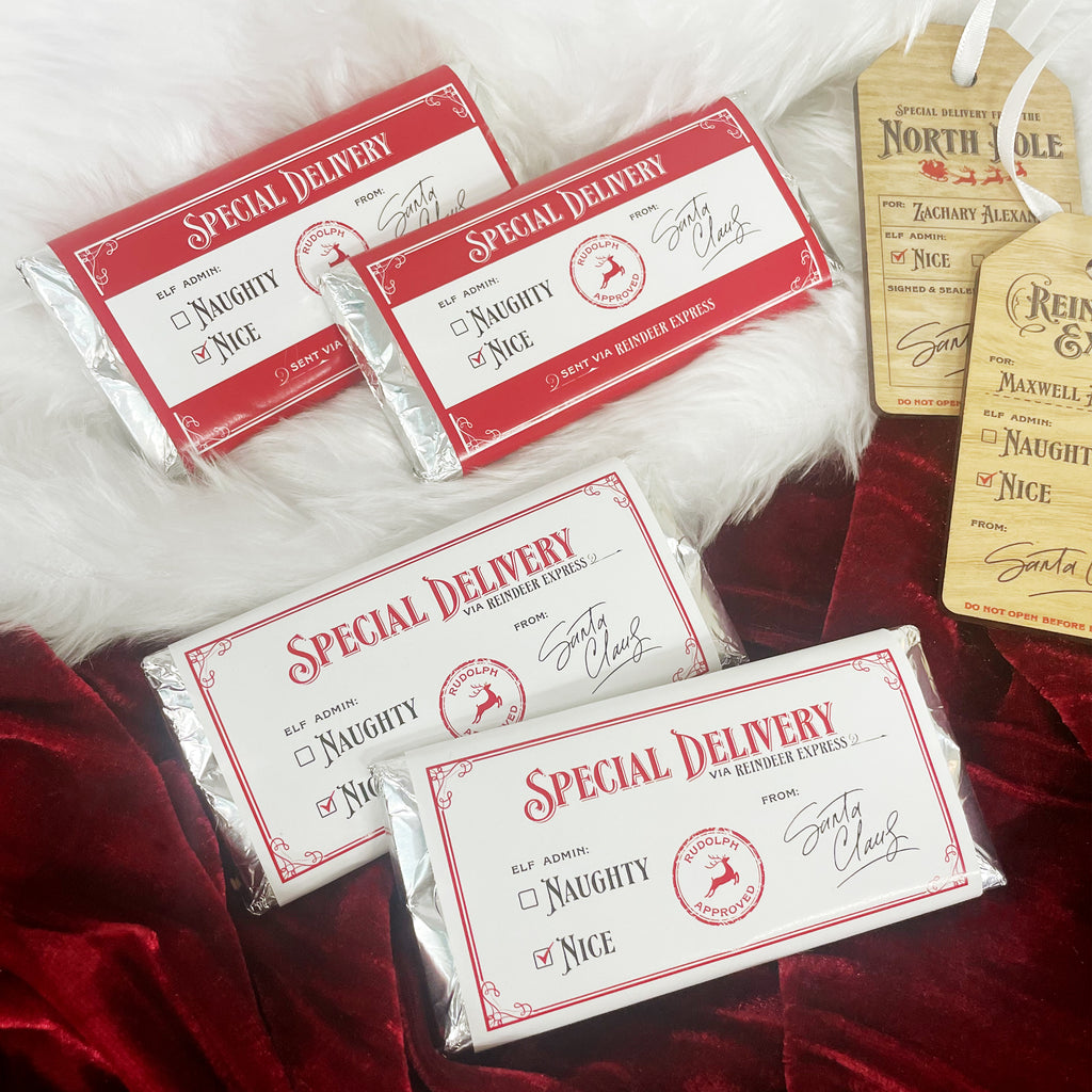 "Special Delivery" Christmas chocolate bar stocking stuffers - red and white wrapped Christmas "Naughty or Nice" chocolate bars from Santa Claus. Perfect for stocking stuffers, employee Christmas gifts, Christmas party gifts.