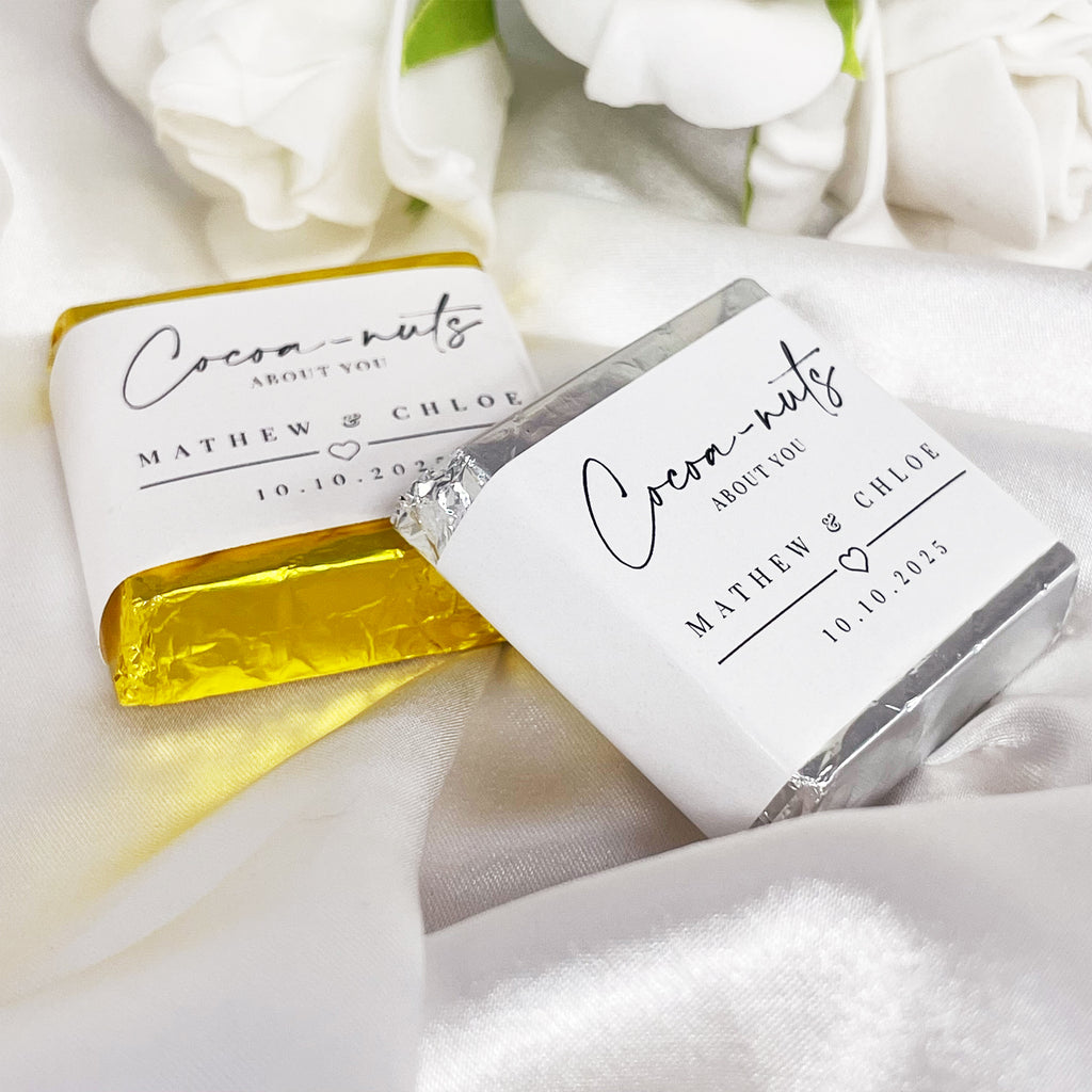 "Cocoa-nuts about you" minimalist wedding chocolates. Cute wedding favour ideas. Mini chocolate squares personalised with your names and date. 
