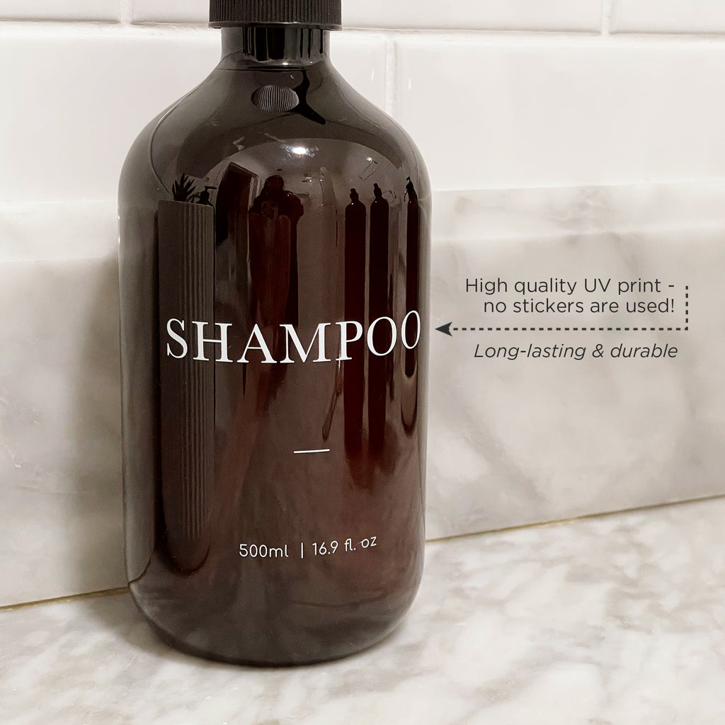 Shampoo printed on a brown bottle. High quality UV print - no stickers are used. Long-lasting, durable and waterproof print. 