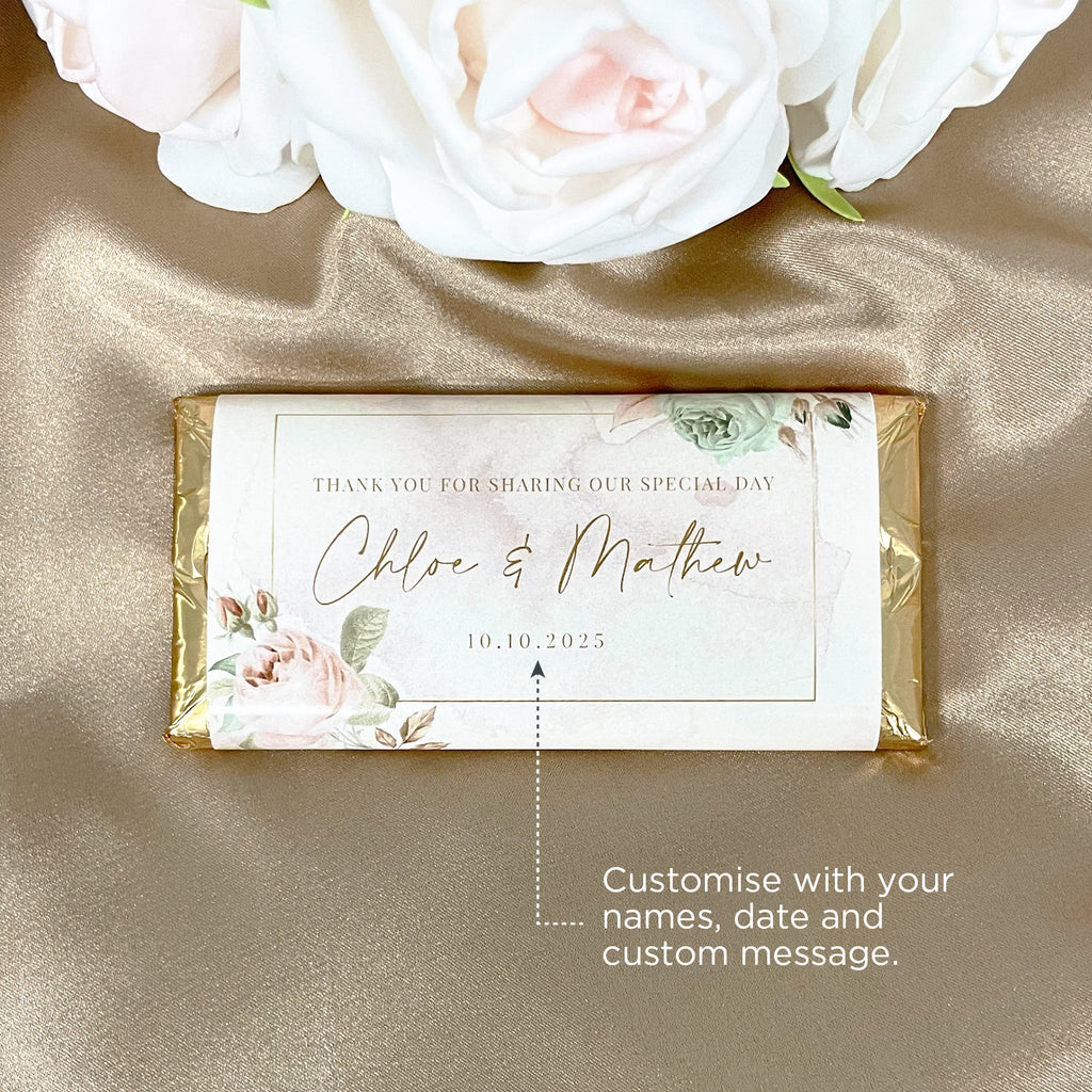 Gold floral wedding chocolate bars with custom name, date and message. Elegant gold foil wrapped chocolate bars with custom wrapper. Wedding favour chocolate bars, Cadbury chocolate. 