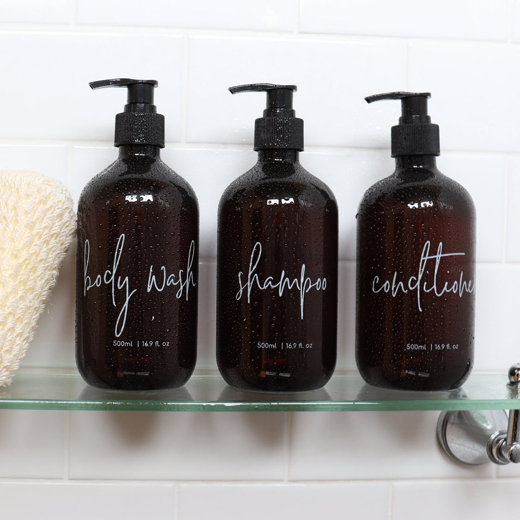 3 Piece AMBER Bathroom Bottle Set DESIGN 3 - Body Wash, Shampoo, Conditioner - 500ml dispensers