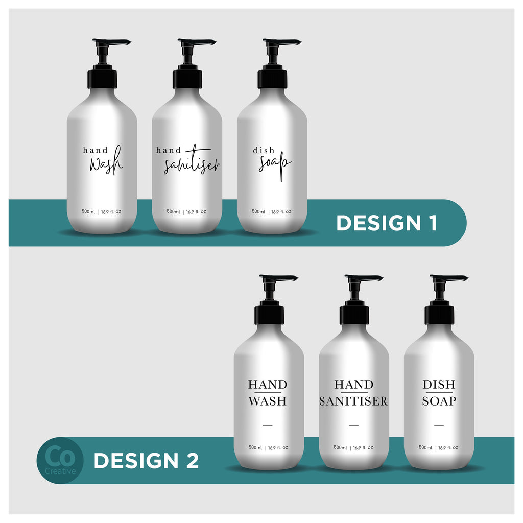 3 Piece WHITE Kitchen Bottle Set DESIGN 3 - Dish Soap, Hand Wash, Hand Sanitiser - 500ml dispensers