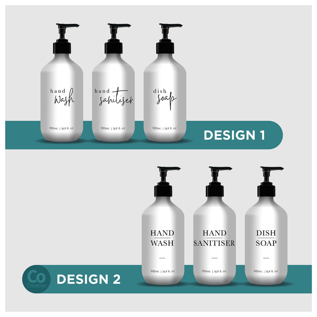 3 Piece WHITE Kitchen Bottle Set DESIGN 1 - Dish Soap, Hand Wash, Hand Sanitiser - 500ml dispensers