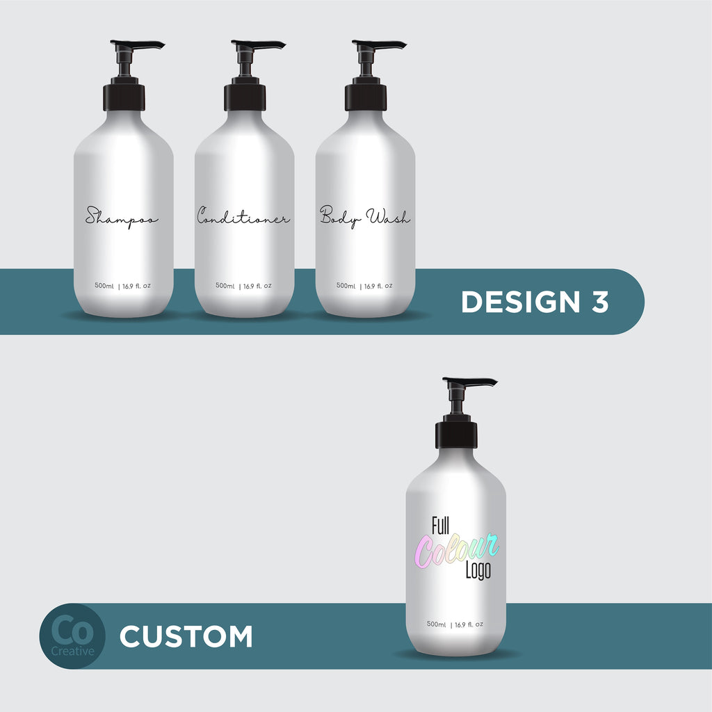 3 Piece Bathroom WHITE Bottle Set DESIGN 3 - Body Wash, Shampoo, Conditioner - 500ml dispensers