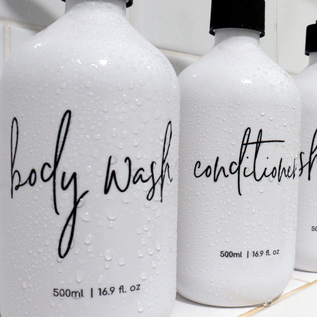 3 Piece Bathroom WHITE Bottle Set DESIGN 3 - Body Wash, Shampoo, Conditioner - 500ml dispensers