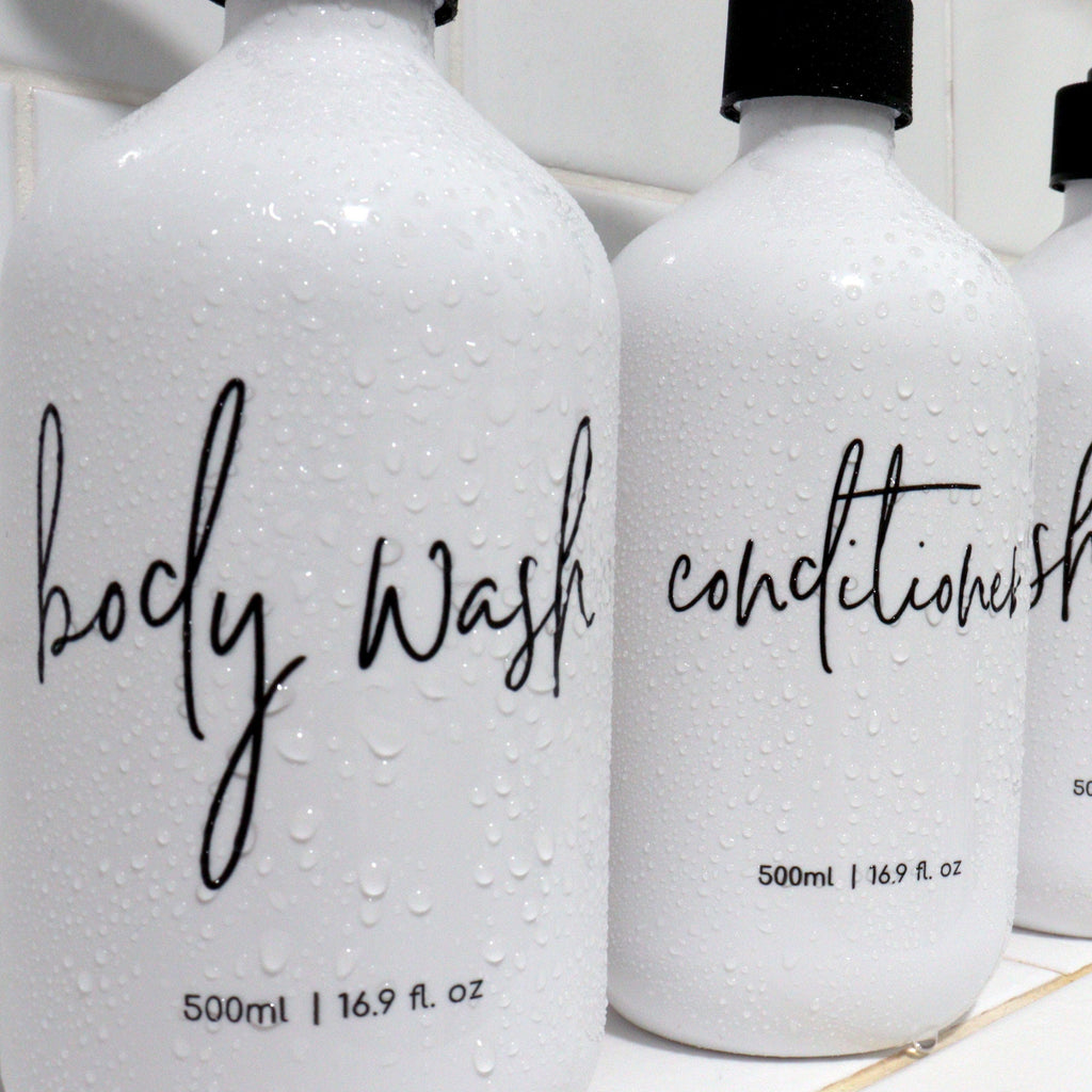 3 Piece Bathroom WHITE Bottle Set DESIGN 2 - Body Wash, Shampoo, Conditioner - 500ml dispensers