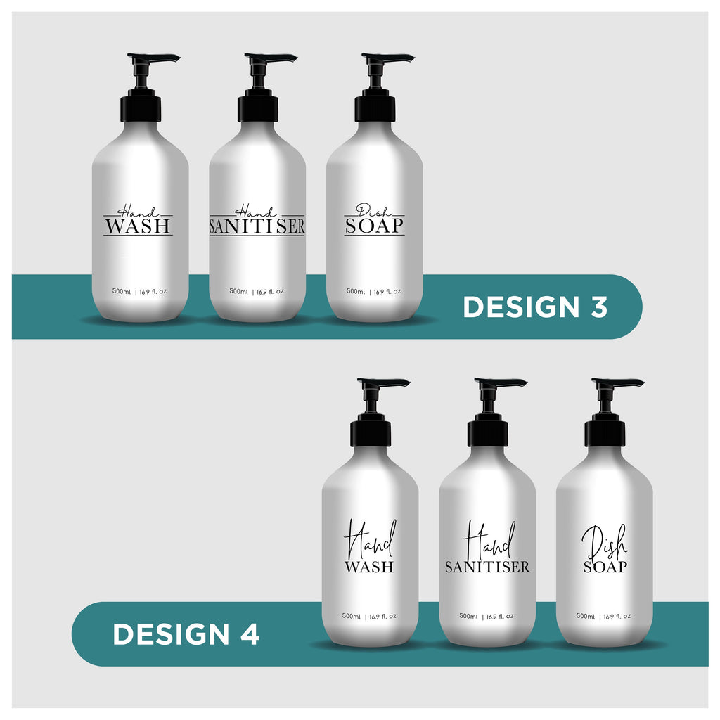 3 Piece WHITE Kitchen Bottle Set DESIGN 3 - Dish Soap, Hand Wash, Hand Sanitiser - 500ml dispensers