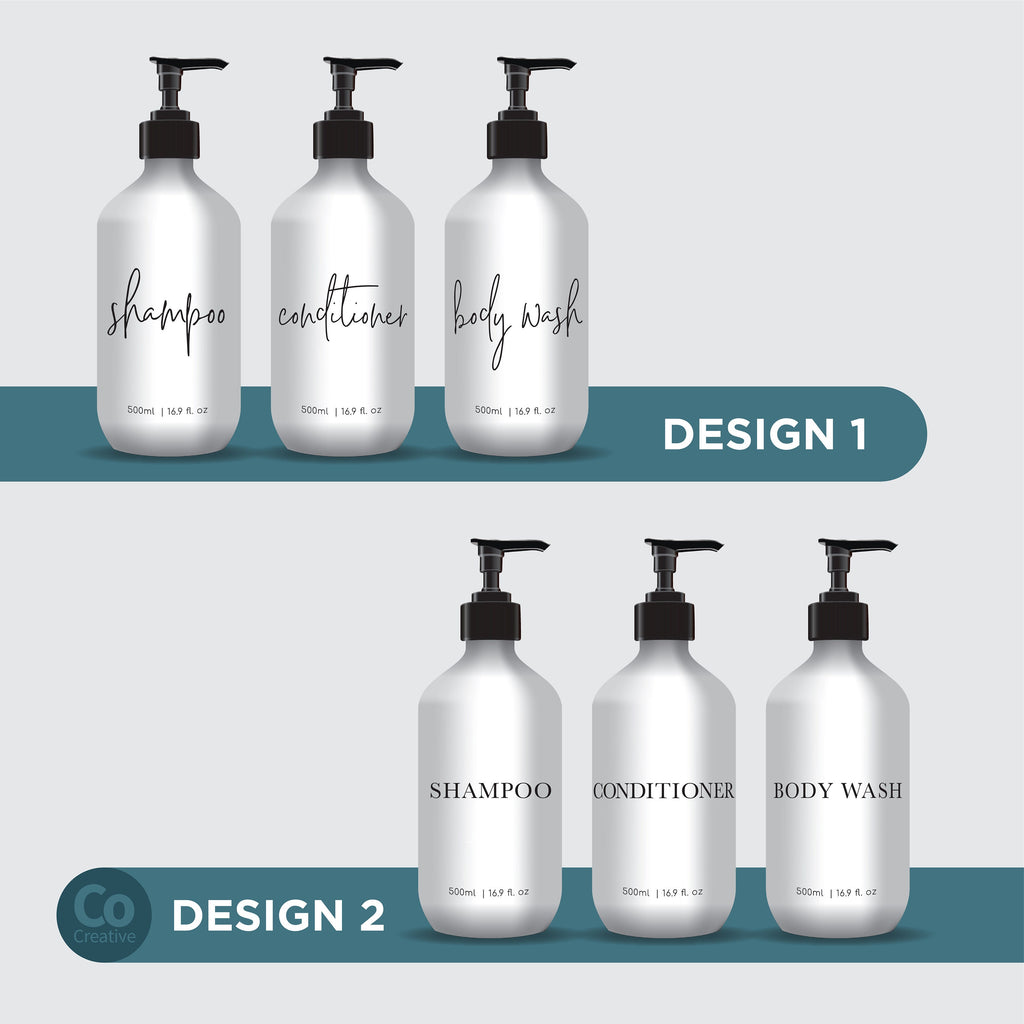 3 Piece Bathroom WHITE Bottle Set DESIGN 2 - Body Wash, Shampoo, Conditioner - 500ml dispensers