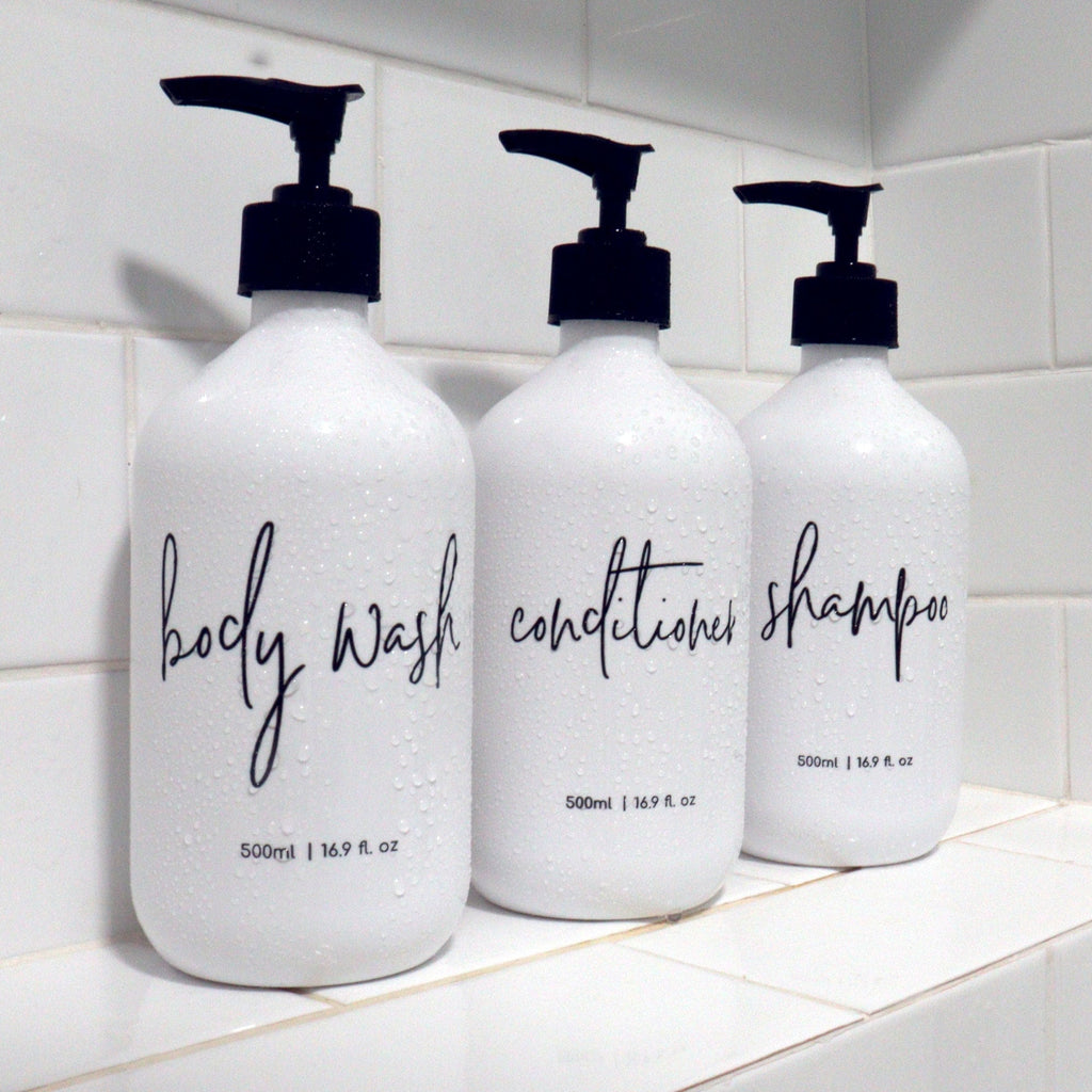 3 Piece Bathroom WHITE Bottle Set DESIGN 3 - Body Wash, Shampoo, Conditioner - 500ml dispensers