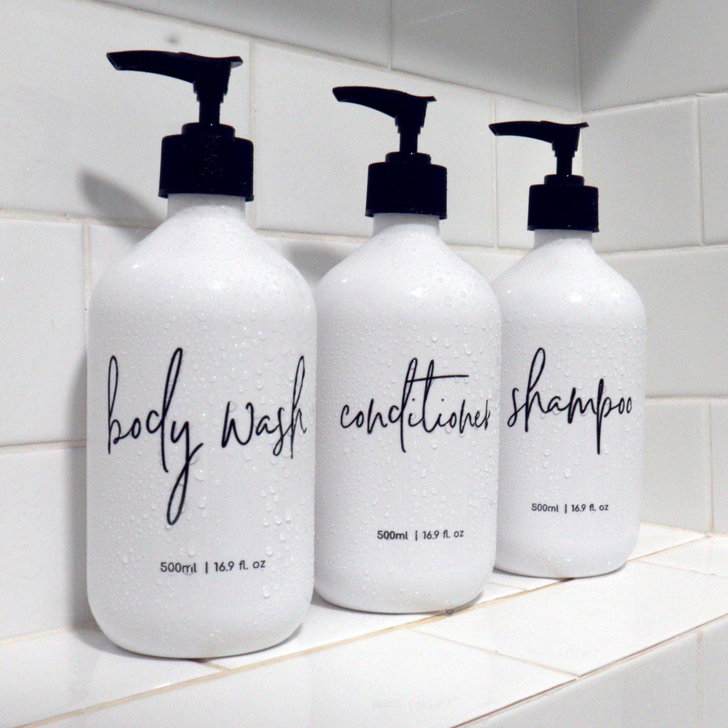 3 Piece Bathroom WHITE Bottle Set DESIGN 2 - Body Wash, Shampoo, Conditioner - 500ml dispensers