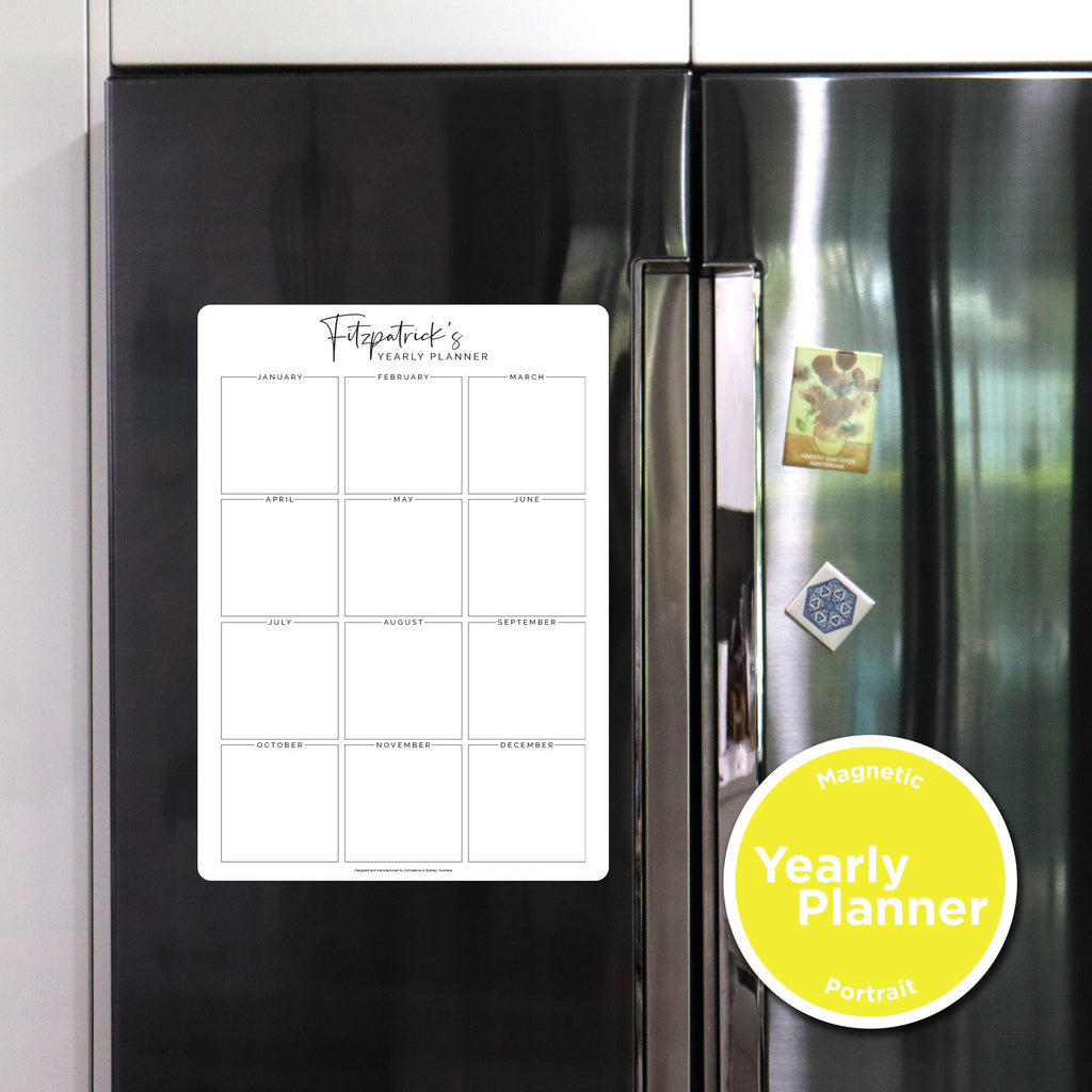 Custom magnetic yearly planner for fridge, perfect for keeping track of birthdays and important dates through the entire year. Flexible magnetic surface that sticks to fridges. Easily write and erase with a whiteboard marker to reuse every year.