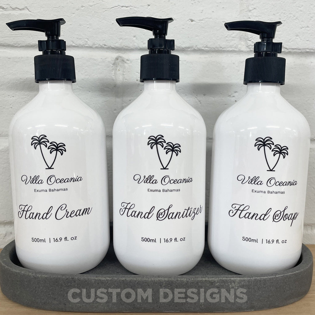 3 Piece Bathroom WHITE Bottle Set DESIGN 2 - Body Wash, Shampoo, Conditioner - 500ml dispensers