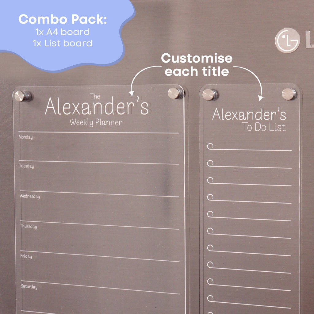 Fridge Acrylic Planner - WHITE UV print - acrylic whiteboard calendar - family organiser - A4 and Shopping list COMBO