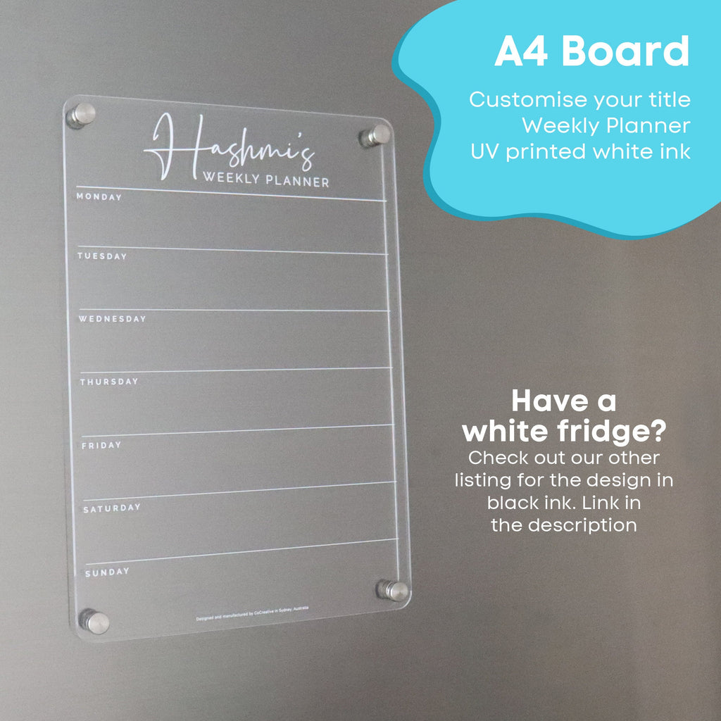 Weekly Fridge Acrylic Planner - WHITE UV Print ORIGINAL Design - Family Organiser