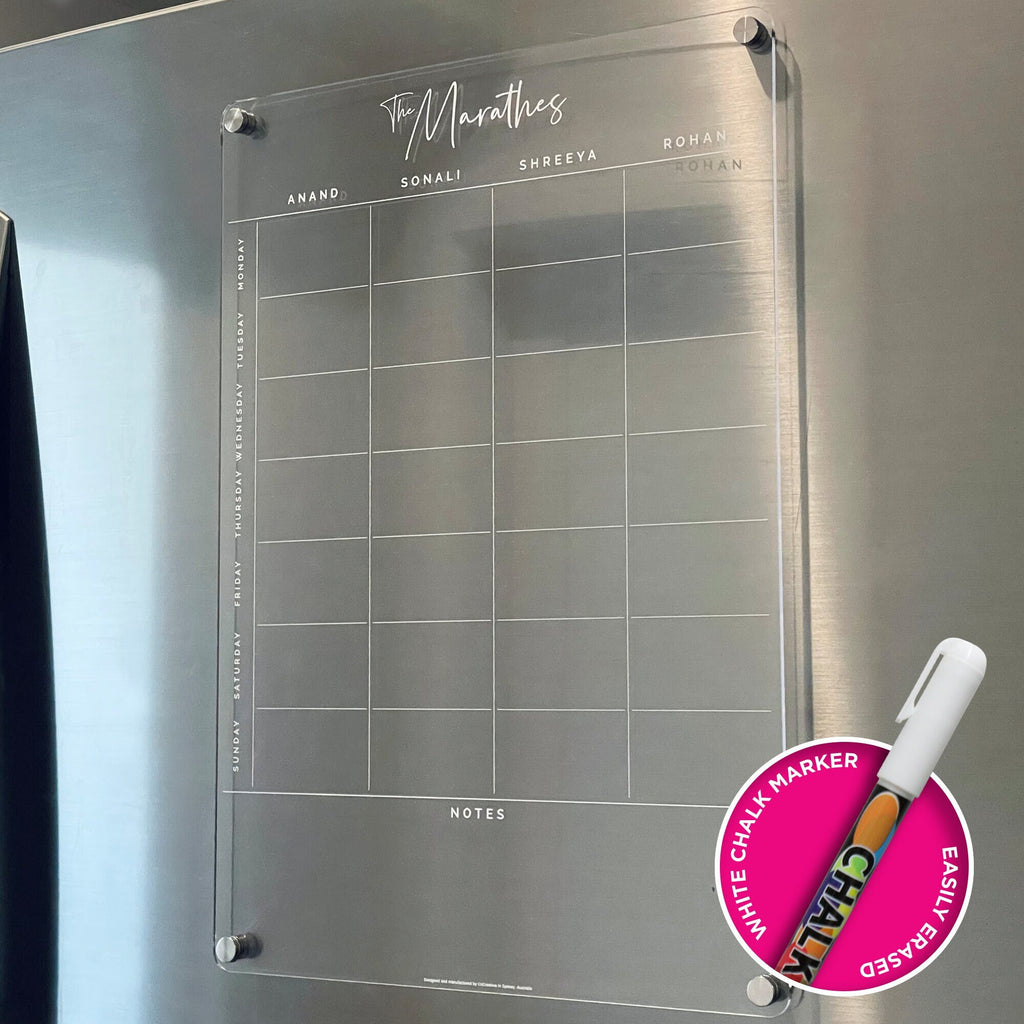 Custom Family Magnetic Fridge Acrylic Planner A3 - WHITE UV print ORIGINAL design - Acrylic Whiteboard Calendar - Family Weekly Organiser