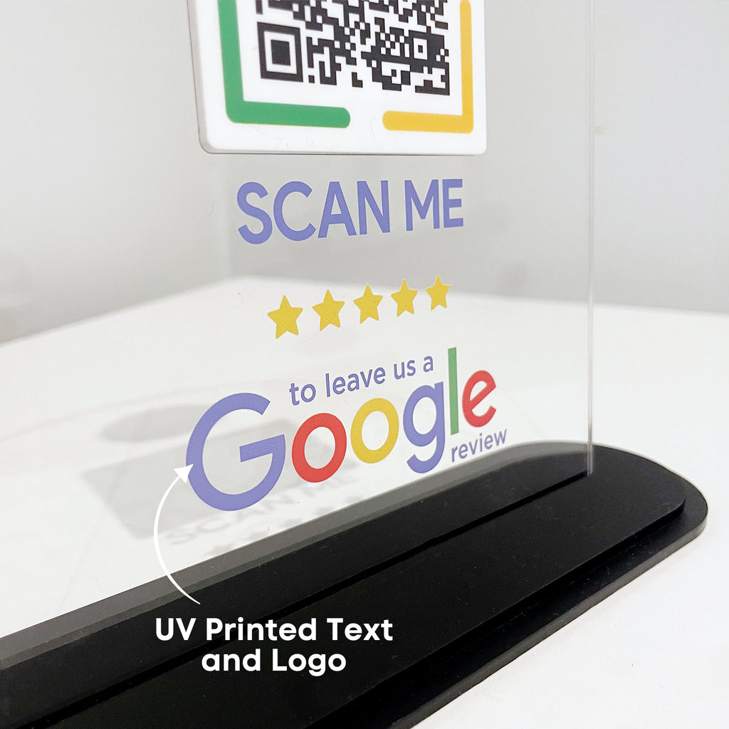 QR Code & Google Review Display Plaque - Booth and Market Stall Table Display | Clear Acrylic UV Print QR Code Sign