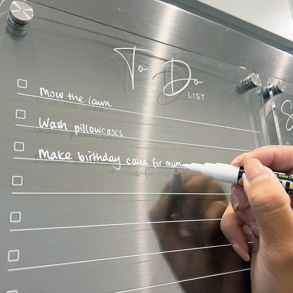 To Do List Fridge Acrylic Planner - WHITE UV print ORIGINAL design - acrylic whiteboard list board - shopping list - combo