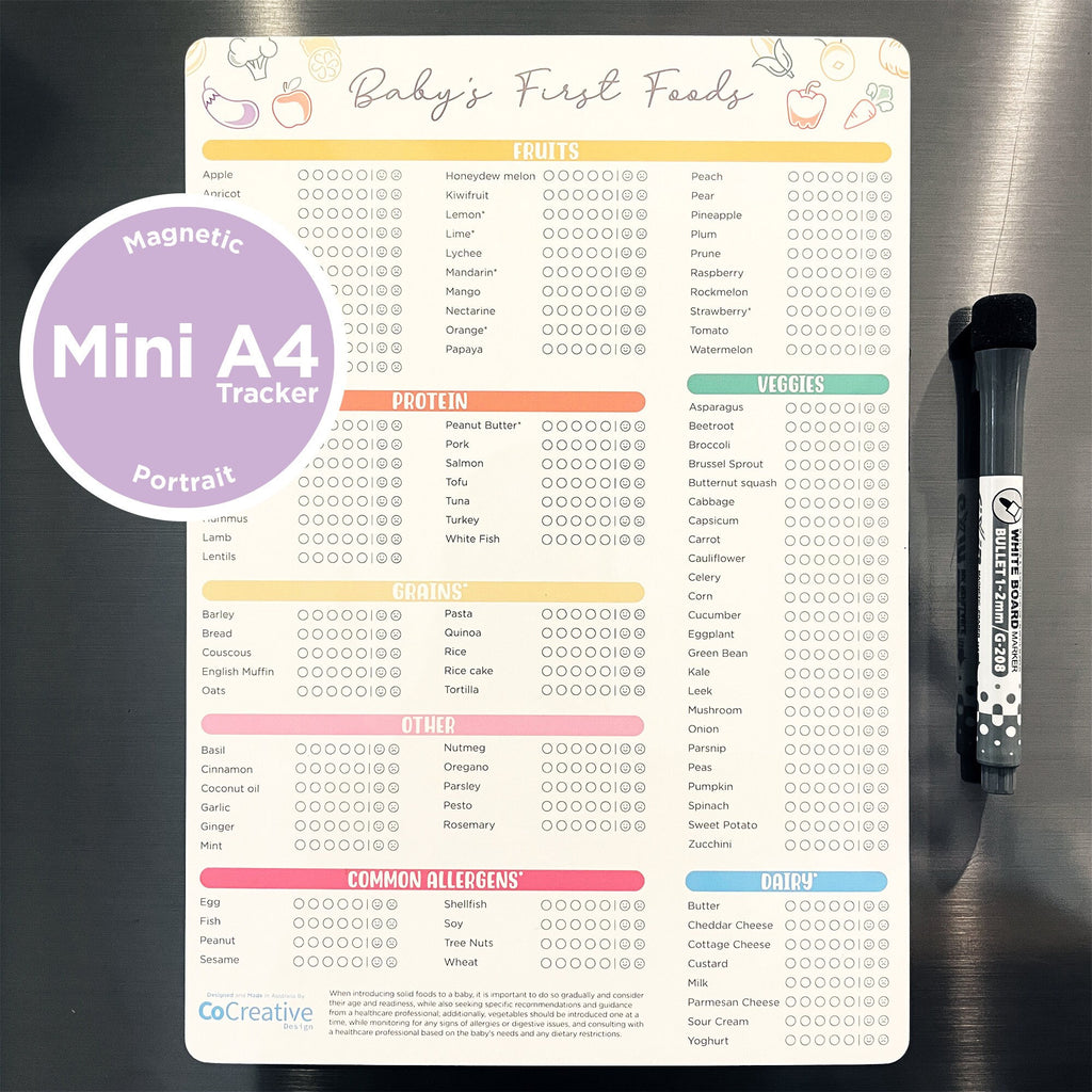 A4 Mini Baby Feeding Log & Food Tracker | Magnetic Solid Foods Chart for Baby-Led Weaning | Daily Baby Meal Planning Diary A4 Sized With Pen