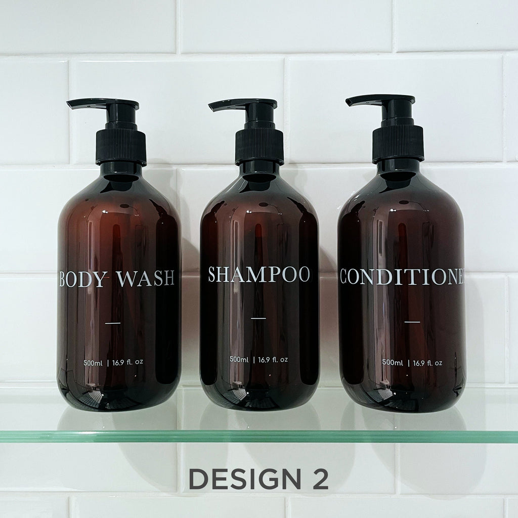 3 Piece AMBER Bathroom Bottle Set DESIGN 3 - Body Wash, Shampoo, Conditioner - 500ml dispensers